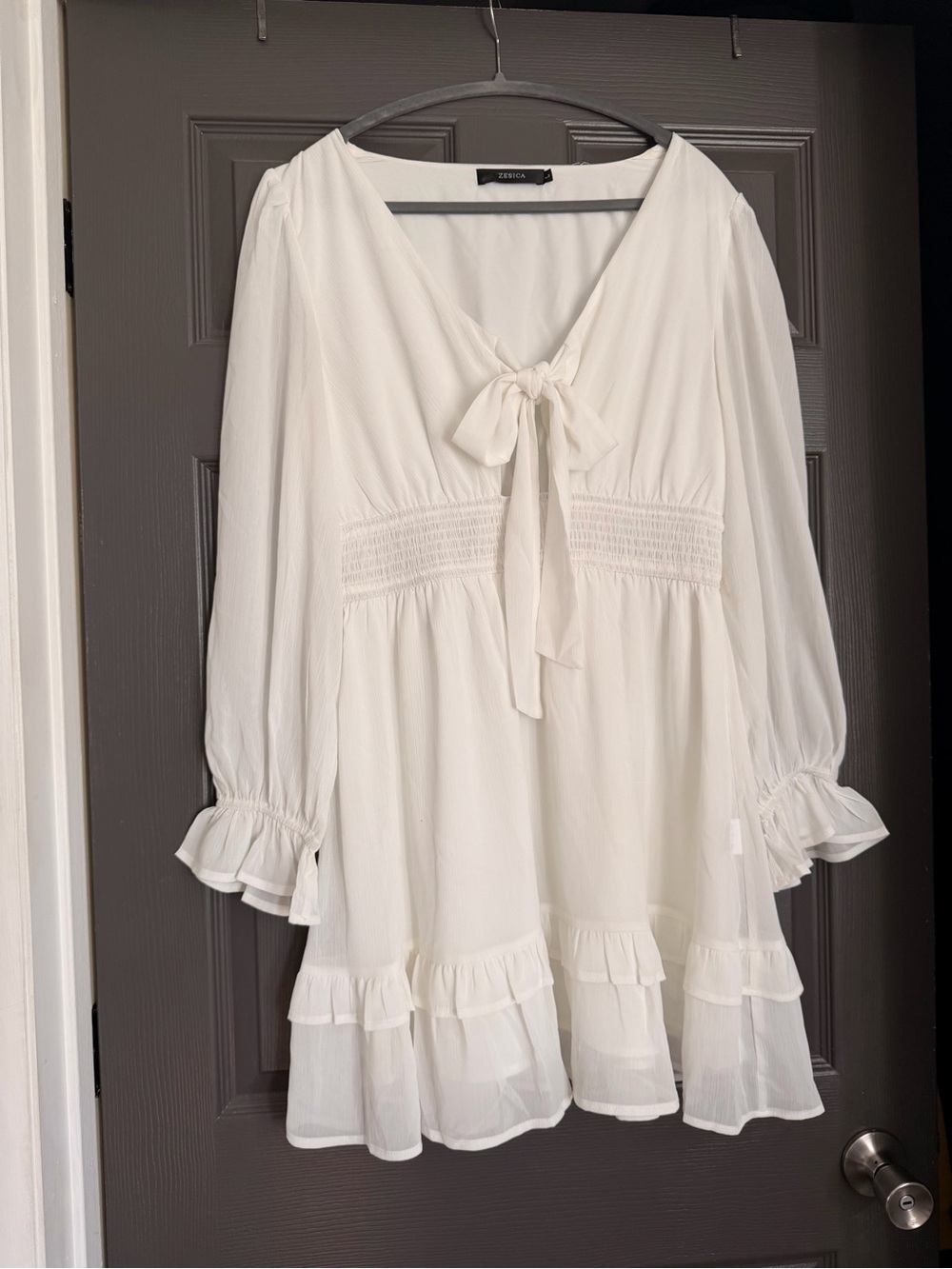 White Peasant Tie-Front Ruffle Mini Dress
